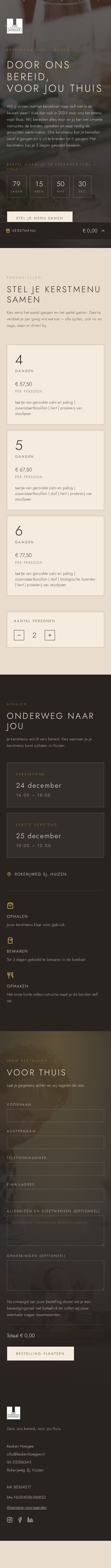 Mobiele weergave van het kerstmenu van Keuken Hoegee, van de introductie tot het bestelformulier